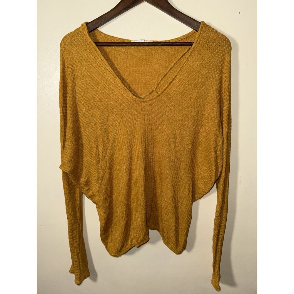Pure + Good Anthropologie Mustard Yellow Waffle Knit Dolman Sleeve V-Neck Top M